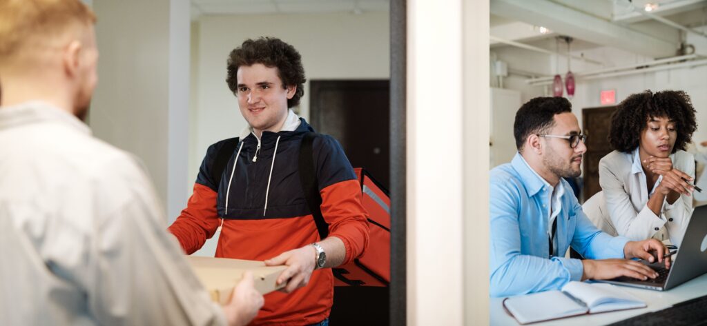 Young people working in different jobs in pizza delivery and in an industrial office environment.